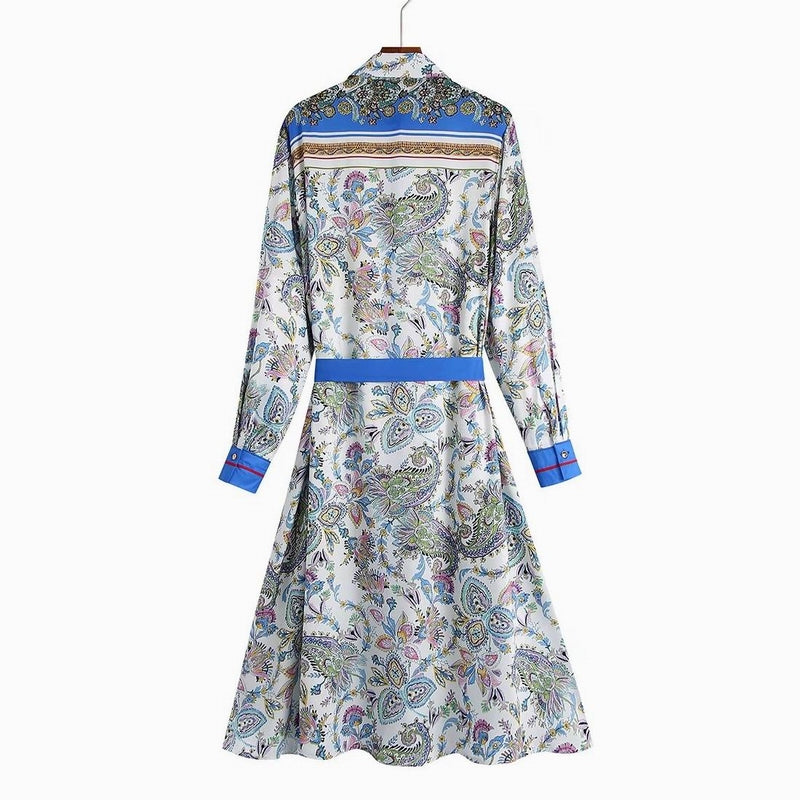 Lapel Positioned Print Nipped Waist Tie Shirt Dress