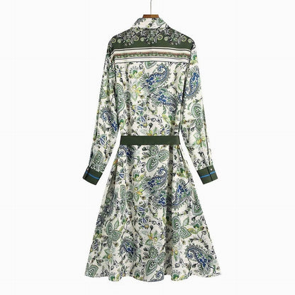 Lapel Positioned Print Nipped Waist Tie Shirt Dress