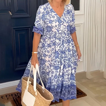 Long Floral Tie Dyed Printed Dress