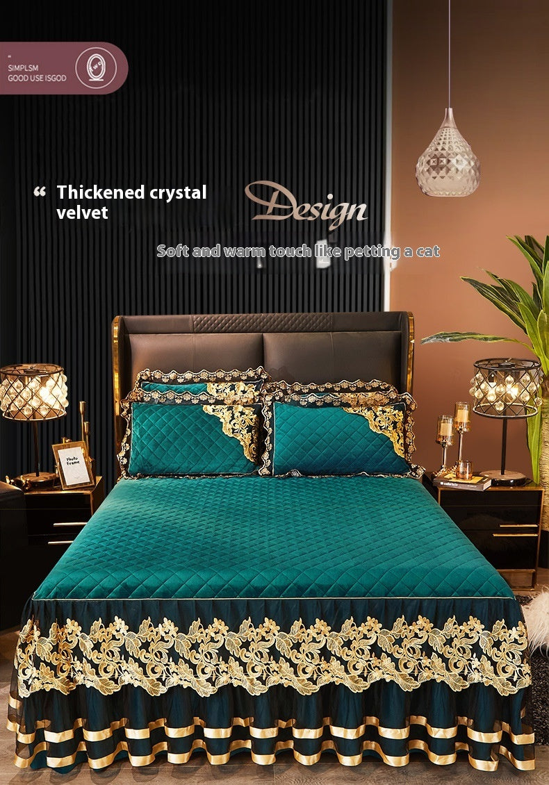 Lace Quilted Rhinestone Velvet Bed Skirt Protective Sleeve