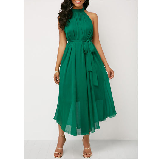 Halt Neck Off Shoulder Chiffon Pleated Dress Plus Size Brand Women's Clothing