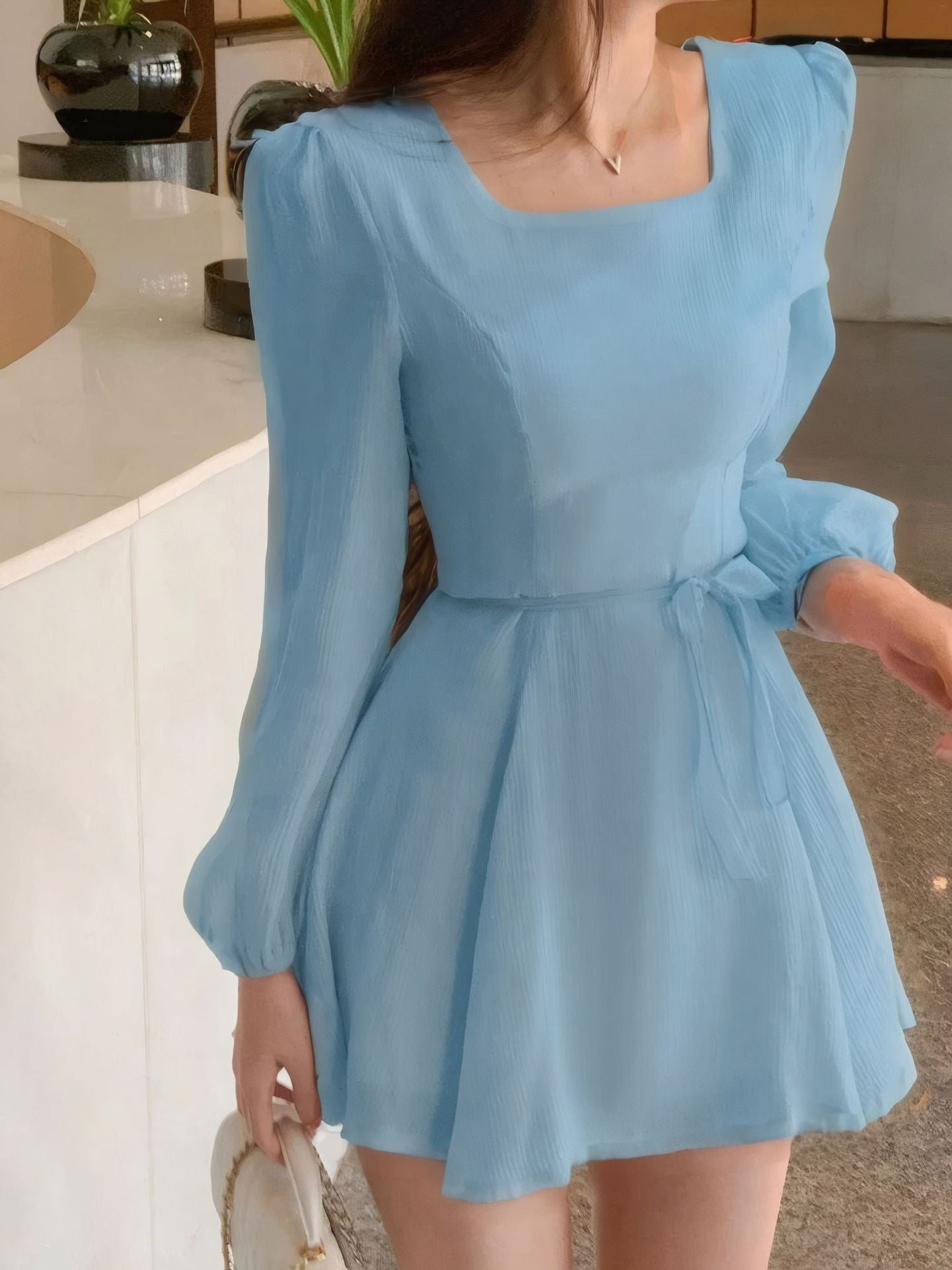 Square-Neck Elegant Korean-Style French-Style Womens Summer High-End Dress