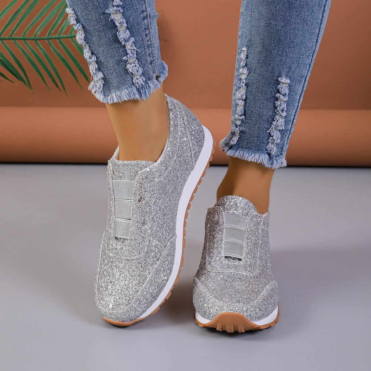 Gold Sliver Sequined Flats New Fashion Casual Round Toe Slip-on Shoes Women Outdoor Casual Walking Running Shoes