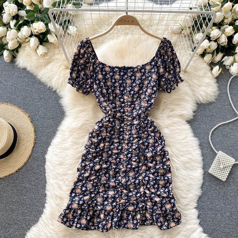 New Summer Women's Pleated Slim Short Floral Dress