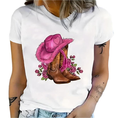 Cowgirl Floral Print T-shirts Women Summer Tshirt Lady Rive