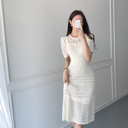 Summer White Short-Sleeve Hollow-Out Knitted Dress For Women
