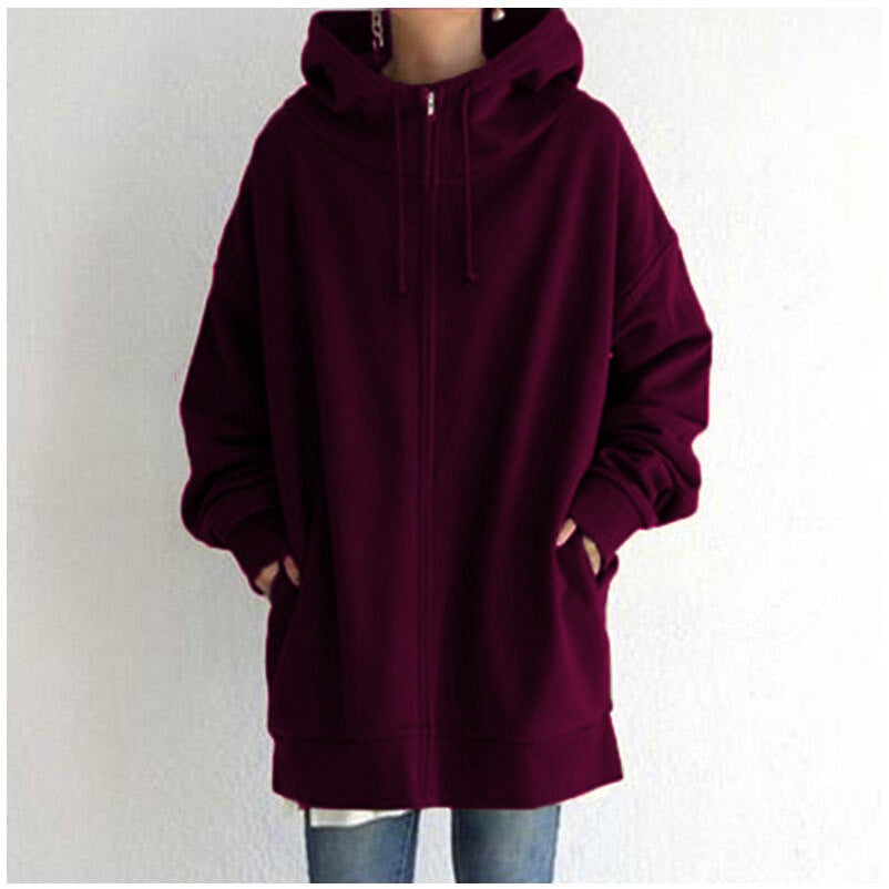 Women Loose Hooded Coats Autumn Female Tie Collar Long Sleeve Zipper Up Add Velvet Long Sweatshirt