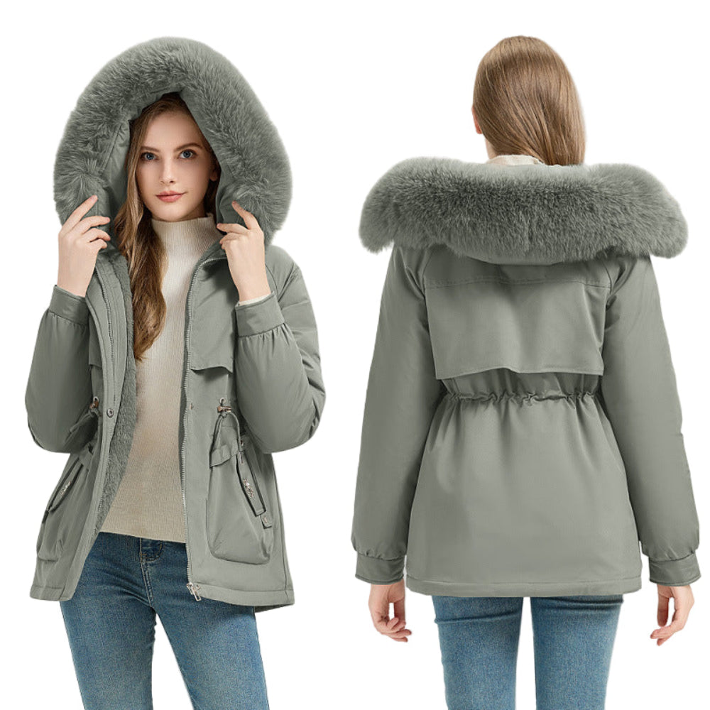 Gray parka coat with fur hood worn by a model, shown from front and back on a white background.