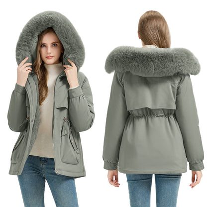 Gray parka coat with fur hood worn by a model, shown from front and back on a white background.