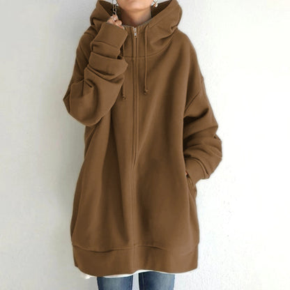 Women Loose Hooded Coats Autumn Female Tie Collar Long Sleeve Zipper Up Add Velvet Long Sweatshirt