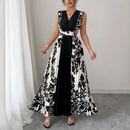 Sleeveless V-neck Color-block Midi Dress