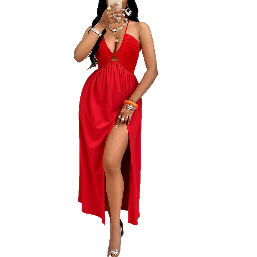 Deep V-neck Drawstring Halter Dress
