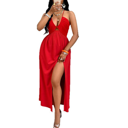 Deep V-neck Drawstring Halter Dress