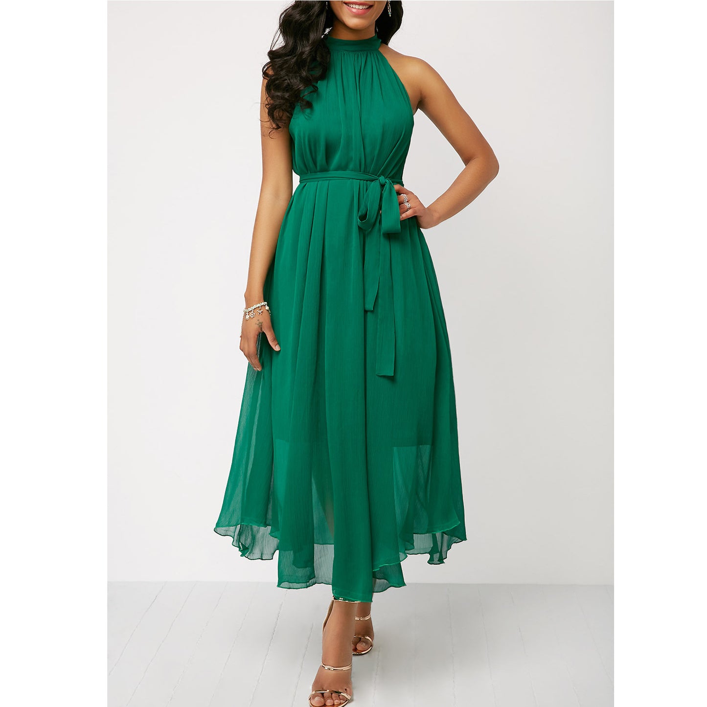 Halt Neck Off Shoulder Chiffon Pleated Dress Plus Size Brand Women's Clothing