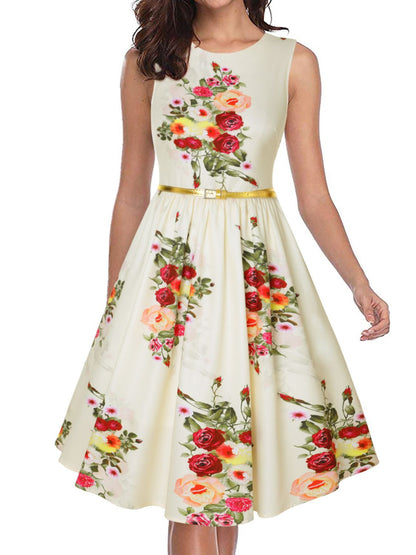 Women's Fashionable Printed Slim-fit Cinched Sleeveless Round Neck Dress