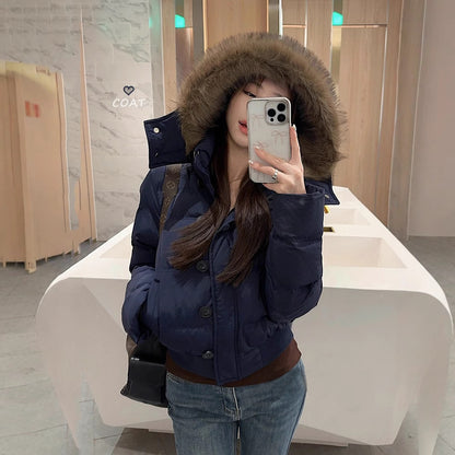 Big Fur Collar Hooded Short Down Jacket Women's Warm Jacket