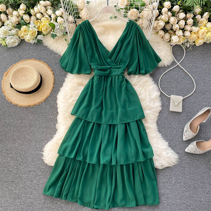 Flare Neck Cake Dress Sexy Backless