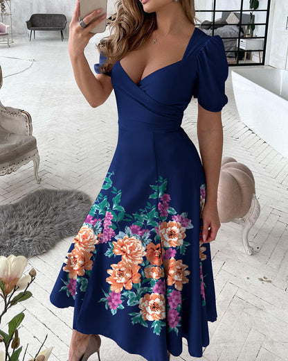 Solid Color Ladies Printed V-Neck Pleated Slit Dress