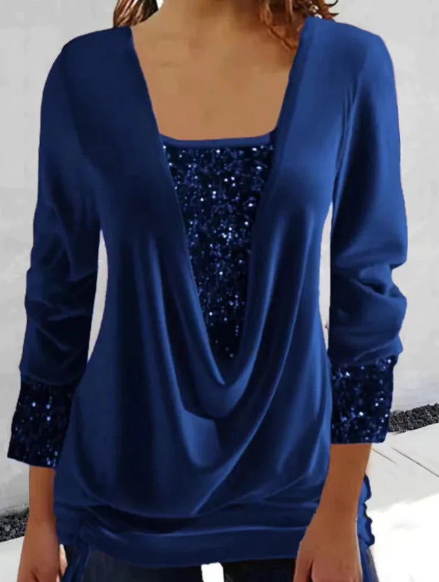 Sequin-Stitched U-Neck Long-Sleeve Top