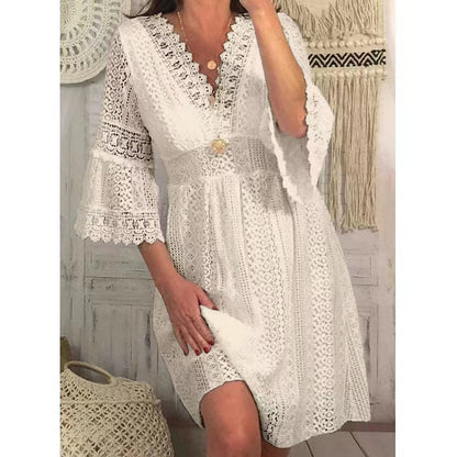 Decorative Border Lace Dress V Neck