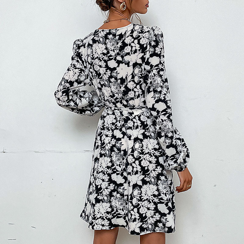 V-neck Long-sleeved Printed Dress For Women