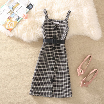 Women's Temperament Retro Plaid Dress Two Piece