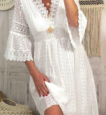 Decorative Border Lace Dress V Neck