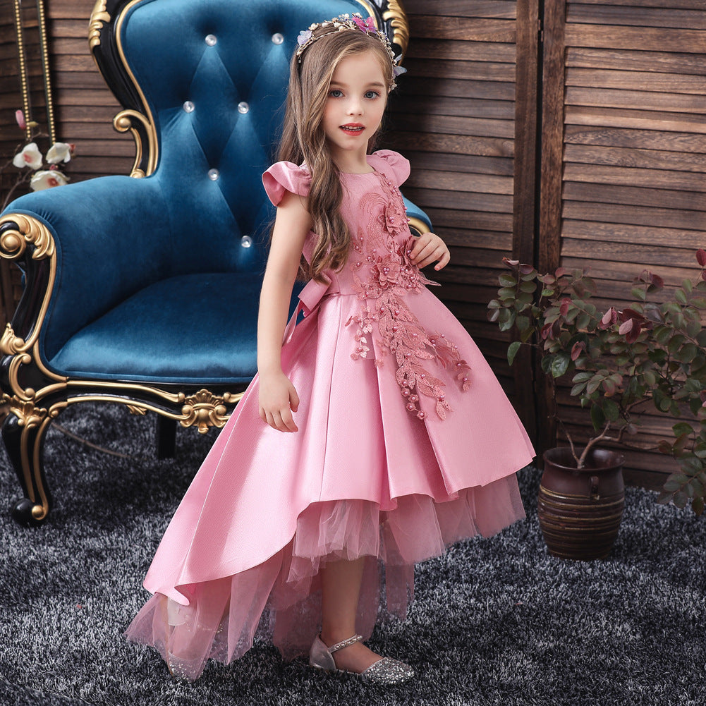 Princess Dress Short-sleeved Embroidery Tail Piano Performance Costume Wedding Flower Girl Skirt Dress