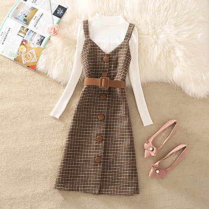 Women's Temperament Retro Plaid Dress Two Piece