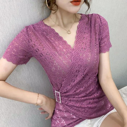 V-neck Lace Bottoming Women's New Trendy Short-sleeved Blouse