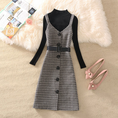 Women's Temperament Retro Plaid Dress Two Piece