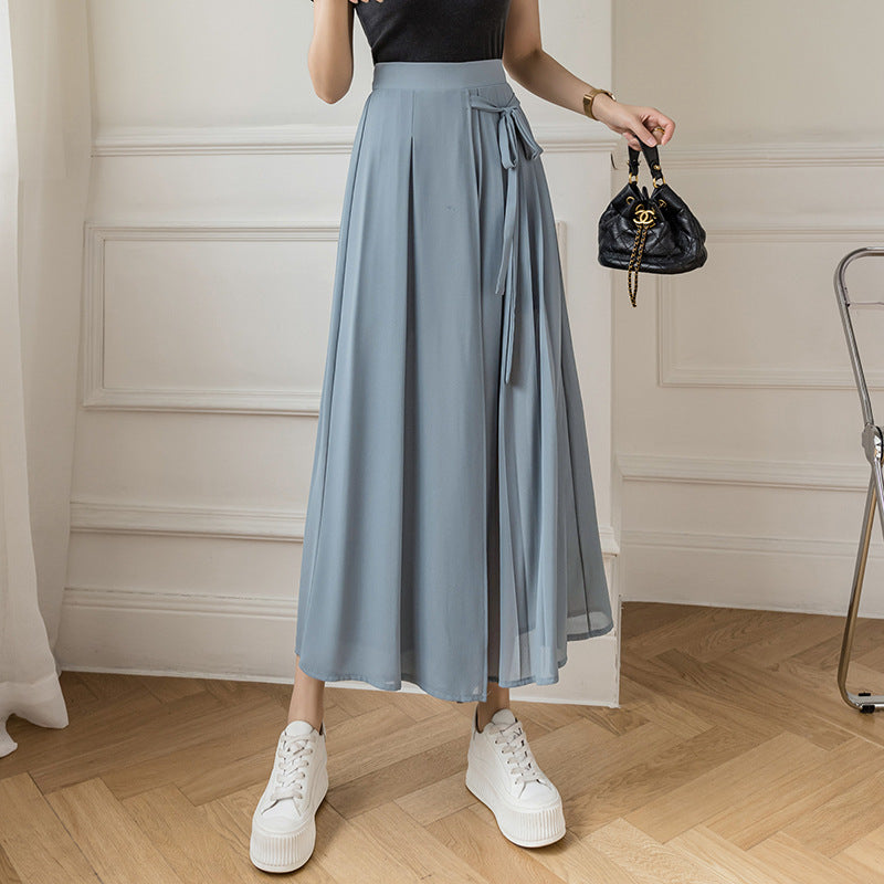 Pleated Chiffon Cropped Elastic Waist Casual Pants Pantskirt