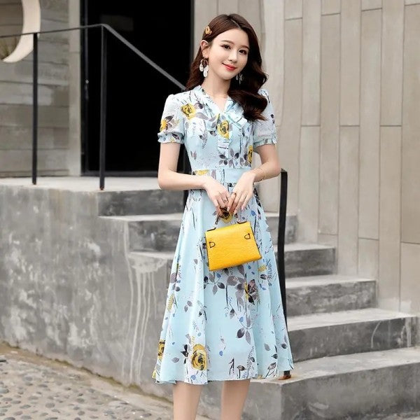 Thai Style Fashionable Printed Short Sleeve V-neck Elegant Dress Cinched Plus Size A- Line Skirt