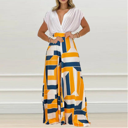 Women's Fashion Casual Temperament V-neck Print Wide Leg Pants