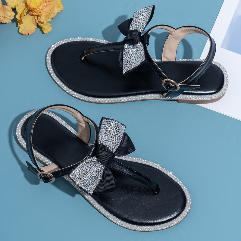 Rhinestone Bow Ladies High End Flat Sandals