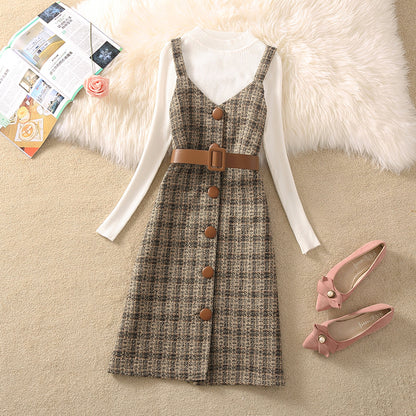 Women's Temperament Retro Plaid Dress Two Piece