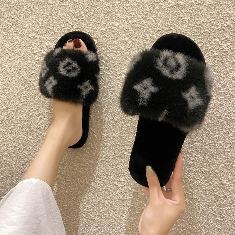 PVC word leopard wool slippers women