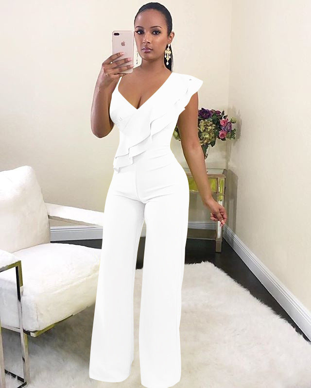 Sexy side shoulder ruffled jumpsuit