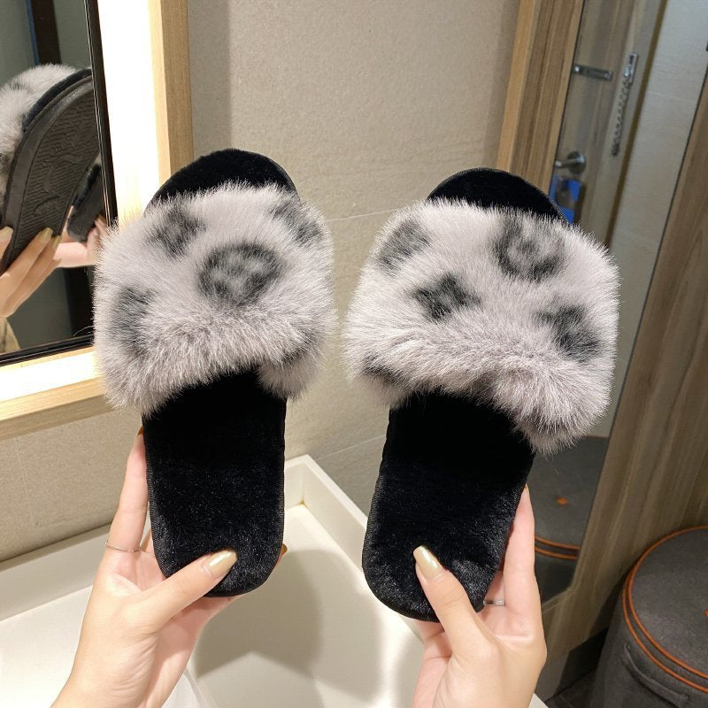 PVC word leopard wool slippers women