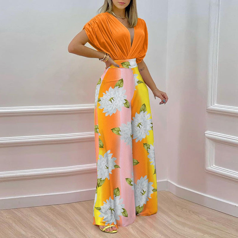 Women's Fashion Casual Temperament V-neck Print Wide Leg Pants