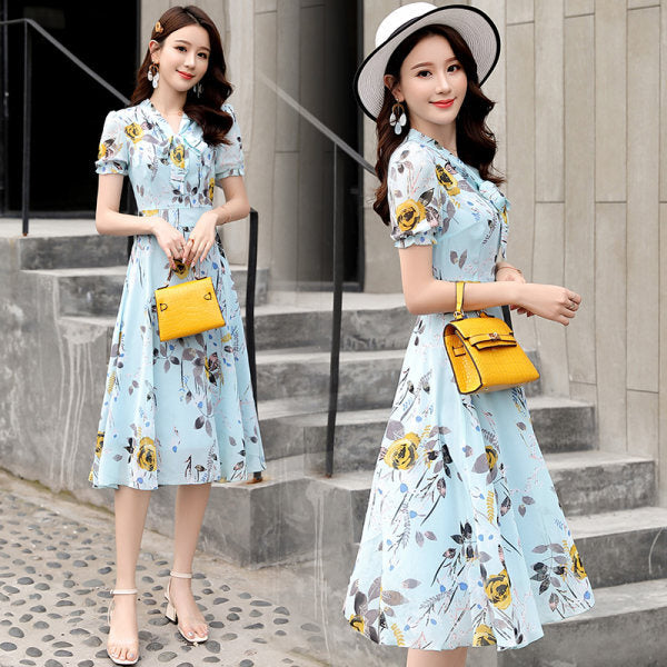 Thai Style Fashionable Printed Short Sleeve V-neck Elegant Dress Cinched Plus Size A- Line Skirt