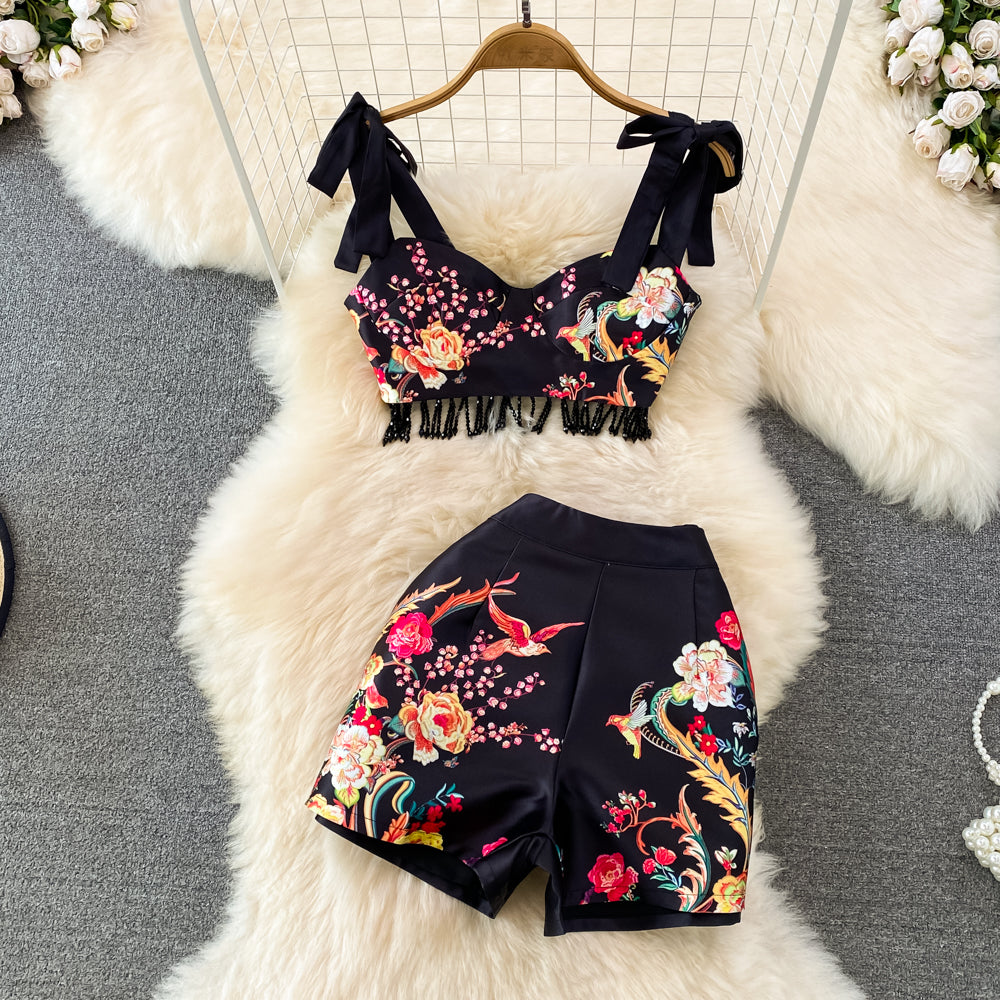 Retro Set Women's Print Lace Short Bust Top High Waist Shorts