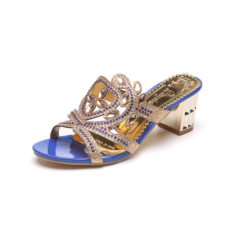 Rhinestone Chunky Heel Hollow Out Ladies' Sandals