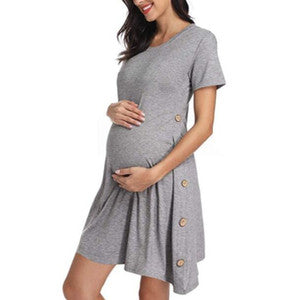 Hot Sale New Maternity Short Sleeve Button Solid Dress