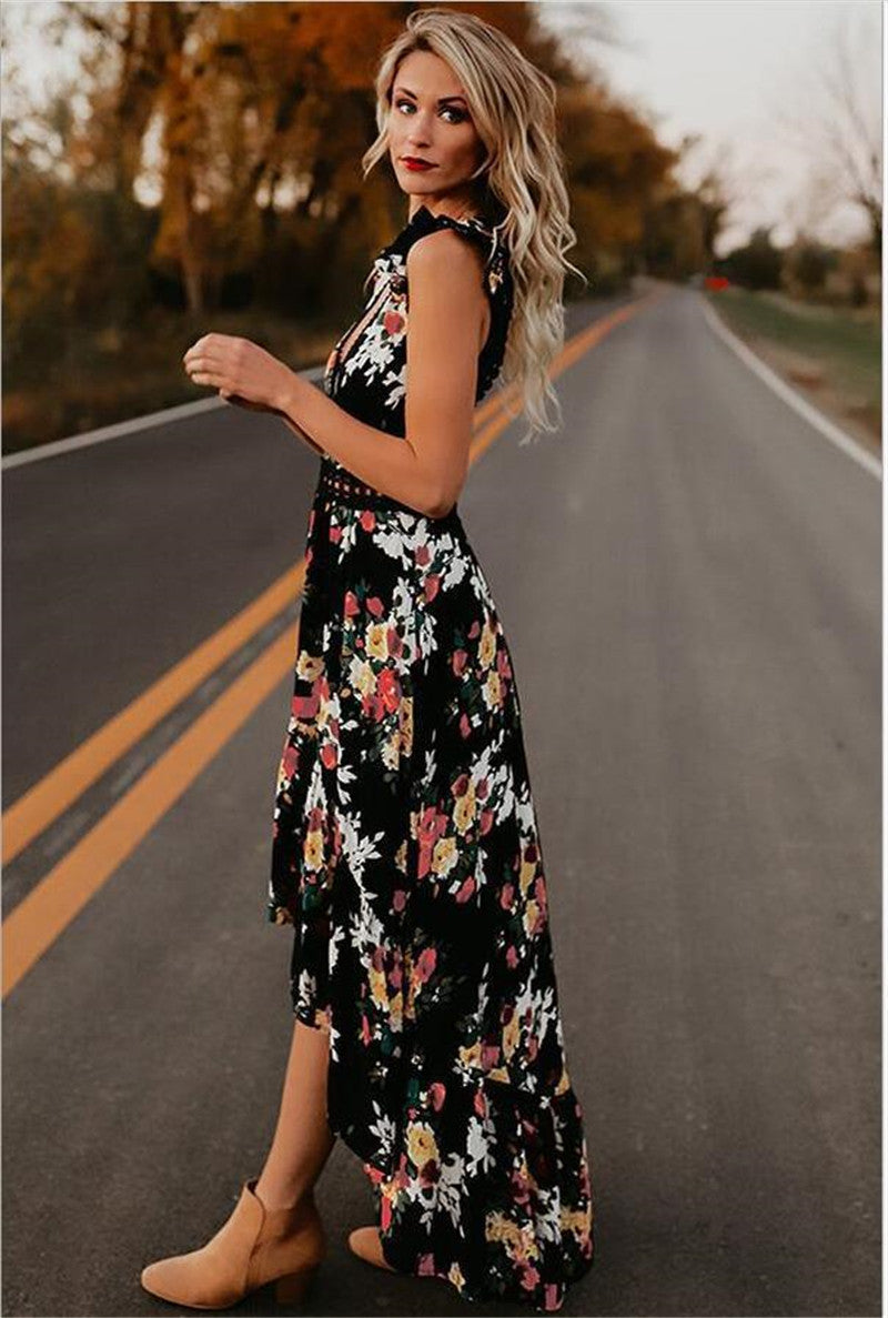 Sleeveless printing irregular dress