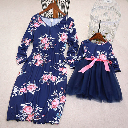 Mother Daughter Dresses Long Sleeve Floral Family Matching Mommy And Me Dress Mesh Bow Princess Baby Girl Dresses Clothes