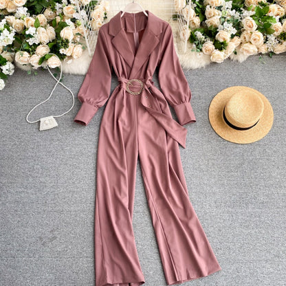 Slim-fit lapel long-sleeved lace-up jumpsuit