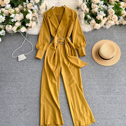 Slim-fit lapel long-sleeved lace-up jumpsuit