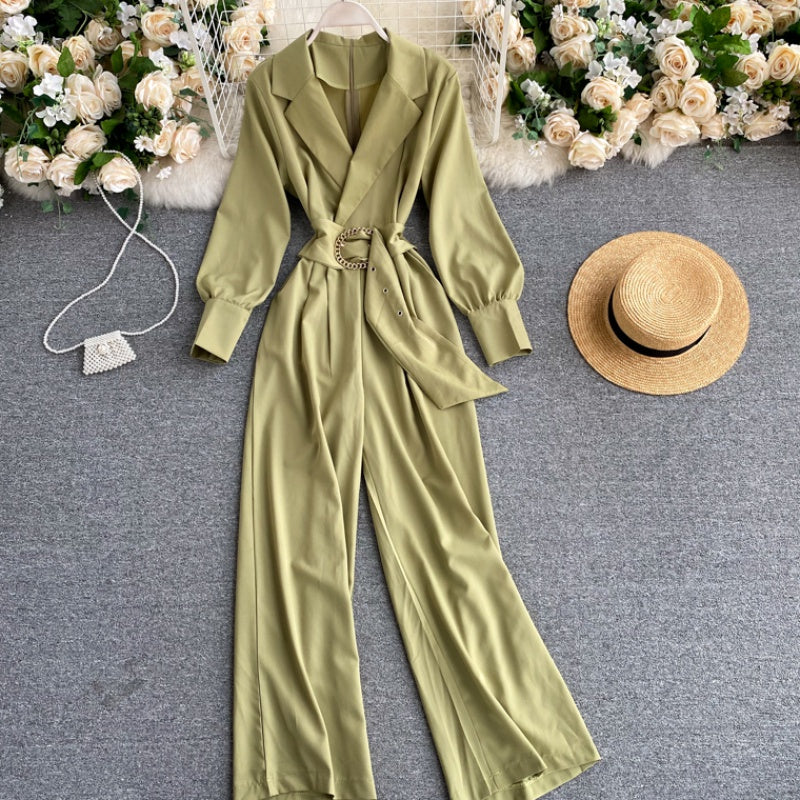 Slim-fit lapel long-sleeved lace-up jumpsuit