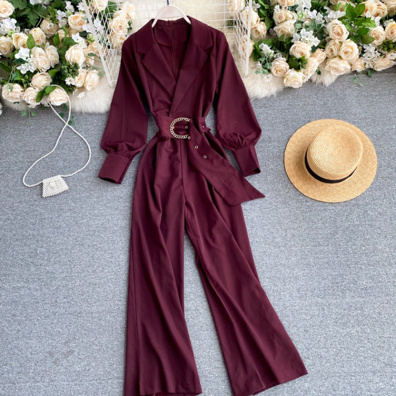 Slim-fit lapel long-sleeved lace-up jumpsuit